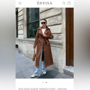 Brown Suede Trench Coat with Belted Waist and Wide Lapels